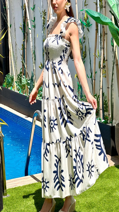 Robe imprimée bleue et blanc