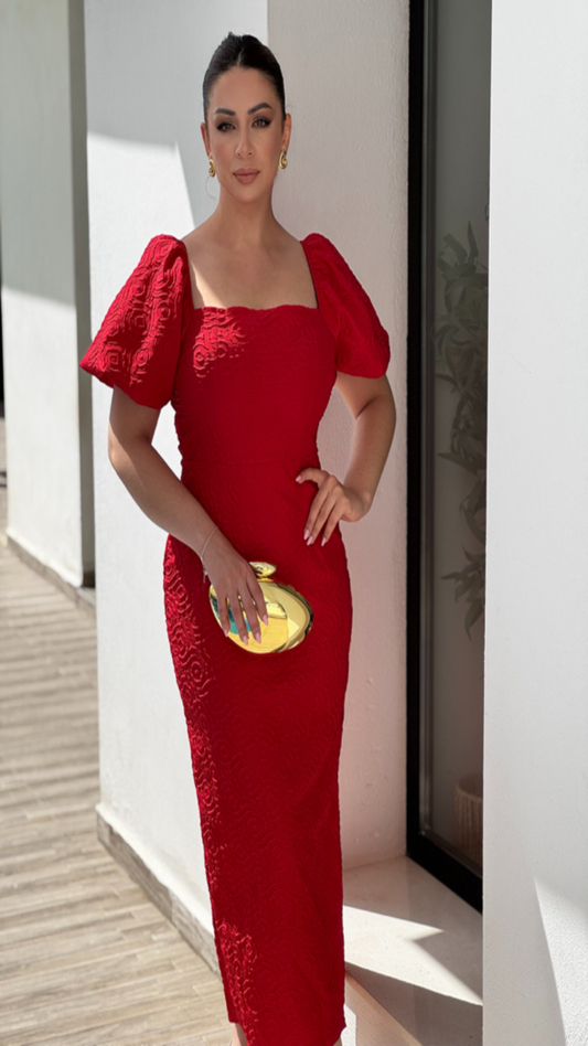 Vestido midi manga abullonada