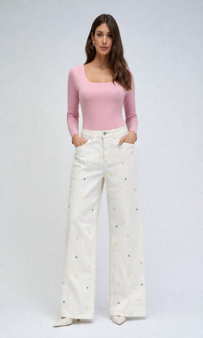 Jeans wide leg bordado