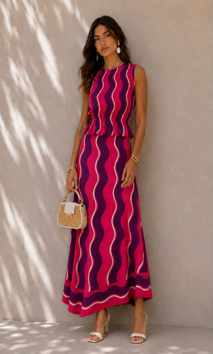 Conjunto top y falda midi estampado