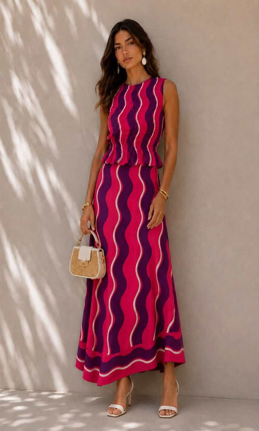 Conjunto top y falda midi estampado