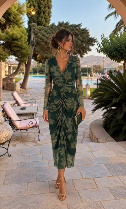 Vestido midi drapeado estampado