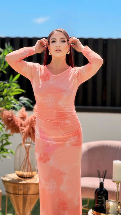 Robe imprimée en tulle froncé