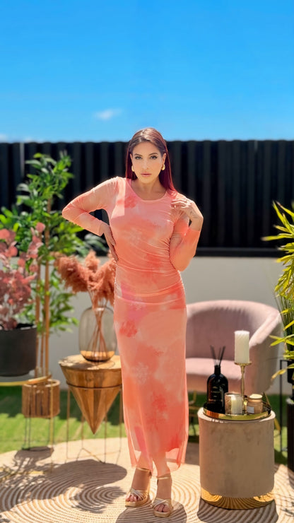Robe imprimée en tulle froncé