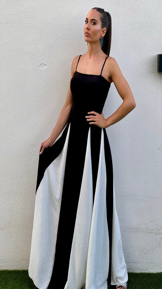 Robe de soirée longue noire et blanche