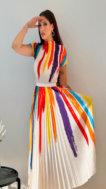 Ensemble haut et jupe plissés colorés