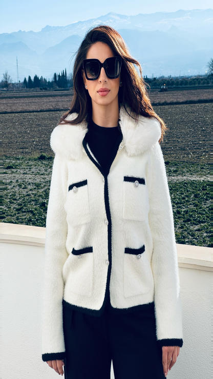 Chaqueta punto efecto pelo botón perla